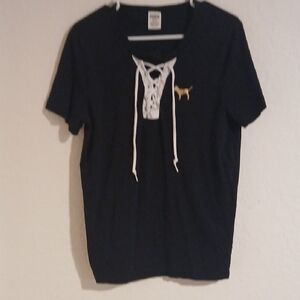PINK Victoria's Secret Black Campus Tee with Gold Accent Dog Size M Gold Glitter